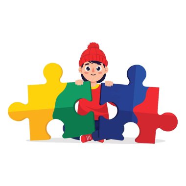 Otizm farkındalığı olan sevimli çocuk bulmaca parçaları anlayış ve kabulü teşvik ediyor.