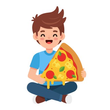 Neşeli çocuk bacak bacak üstüne atmış elinde pepperonili bir dilim pizzayla oturuyor.
