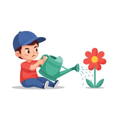 Küçük çocuk bahçedeki parlak kırmızı çiçeği özenle suluyor.