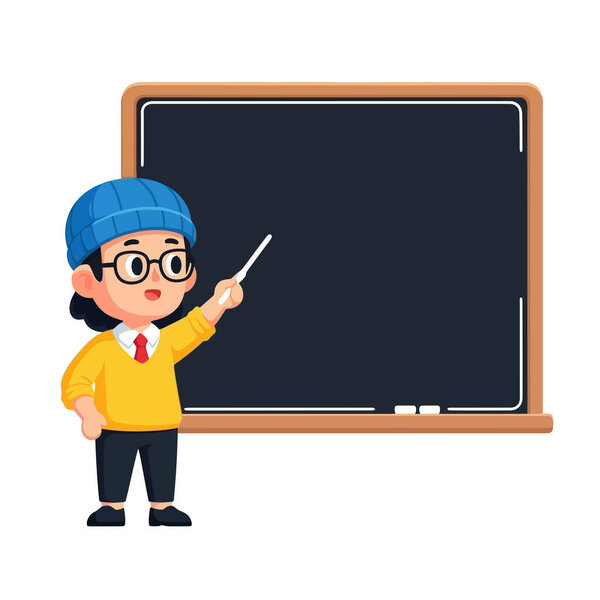 Очаровательный студент-мультипликатор, представляющий на доске забавную концепцию обучения