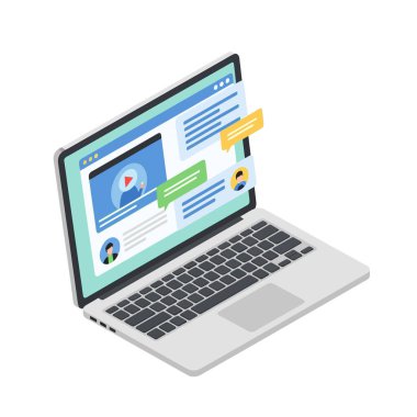 Modern dizüstü bilgisayar çevrimiçi iletişim ve uzak çalışma için video çağrıları görüntüler