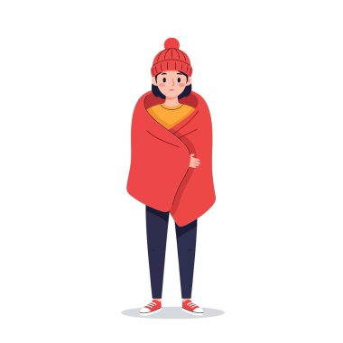 Battaniyeye sarılı genç adam üşümüş ve hasta görünüyor.