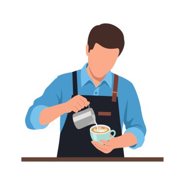 Yetenekli kahve ustası, latte sanatı yapıyor, espresso bardağına özenle kremalı süt döküyor.