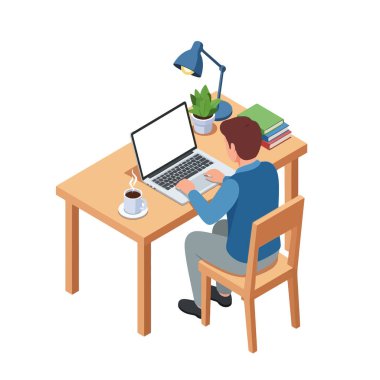 Masada kahve ve kitaplarla bilgisayar üzerinde çalışan profesyonel biri.