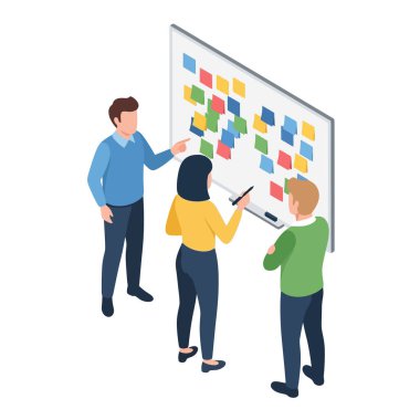 Takım, beyaz tahtadaki renkli yapışkan notları kullanarak strateji üzerinde işbirliği yapar