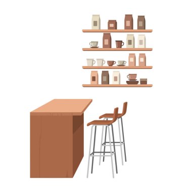 Raflarla dolu rahat bir kafe ve iki bar taburesi.