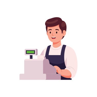 Dost canlısı kasiyer kasiyerlik yaparken gülümsüyor.