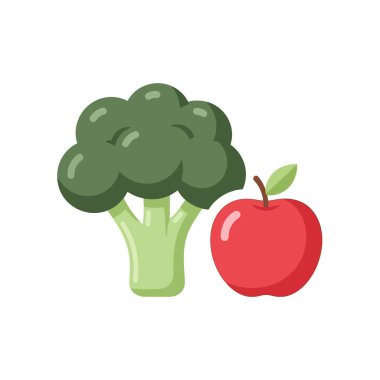 Canlı brokoli ve taze kırmızı elma sağlıklı yiyecek ikonları.