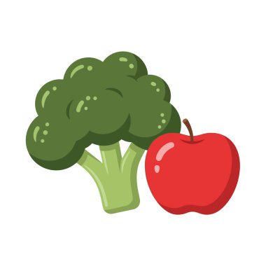 Taze brokoli ve canlı kırmızı elma sağlıklı yeme ikonları