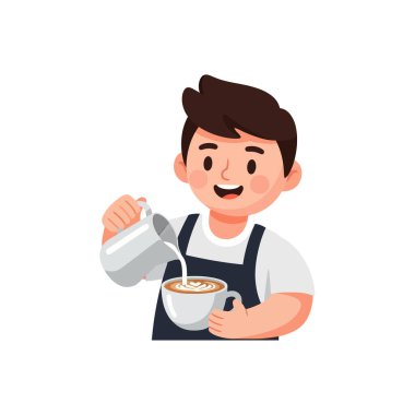 Neşeli kahve ustası, güzel latte sanatı yapıyor, müşterilere sabah gülümsemesi getiriyor.