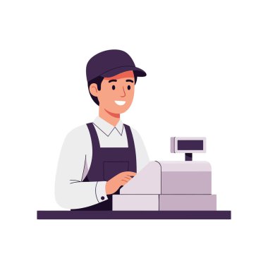 Kasada kasiyer işletirken gülen arkadaş canlısı kasiyer.