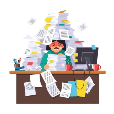 Büyük kağıt yığınının altında ezilen çalışanlar masada ağlıyor.