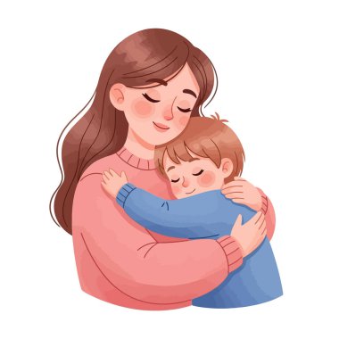 Sevgi dolu anne oğlunu şefkatle kucaklıyor.