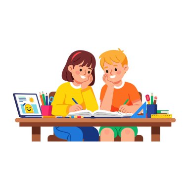 Hevesli öğrenciler masa başında kitaplar ve dizüstü bilgisayarlarla birlikte çalışıyorlar.