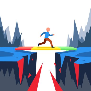 Bir insan başarıya giden renkli bir köprüde tehlikeli bir boşluğu cesurca geçer.