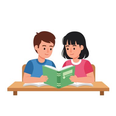 İki öğrenci içeride, ahşap bir masada birlikte kitap okuyorlar.