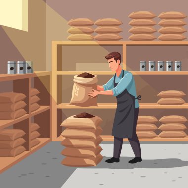 Kahve dükkanı çalışanı depoda taze kavrulmuş fasulye torbası taşıyor.