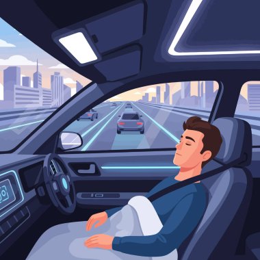 Sürücüsüz bir arabada huzur içinde uyuyan bir adam şehir otobanında seyahat ediyor.