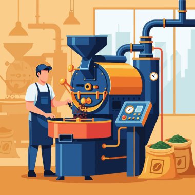 Profesyonel kavurucu dikkatli bir şekilde taze kahve çekirdeklerini kızartıyor.