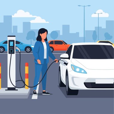 Şehrin caddesindeki şarj istasyonunda modern elektrikli araba şarj eden kadın.