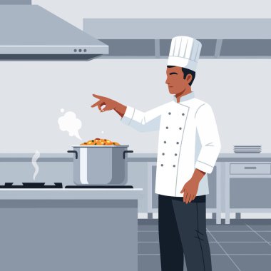 Parlak restoran mutfağında gurme yemek pişiren profesyonel bir şef.