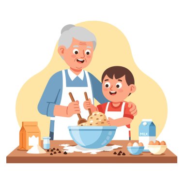 Büyükannem torunuyla kurabiye pişiriyor unutulmaz aile anları yaratıyor.