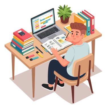 Öğrenci, modern masadaki dizüstü bilgisayarla zaman çizelgesi çalışıyor.