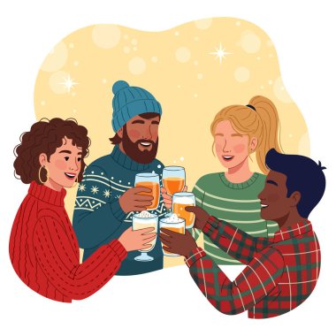 Arkadaşlar kış tatilini neşeli içkiler ve kadehlerle kutluyorlar.