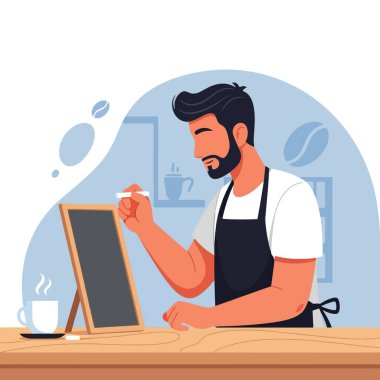 Stylish barista writing menu on chalkboard in cozy coffee shop, fresh brew