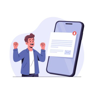 Excited man celebrating new email on phone with notification alert