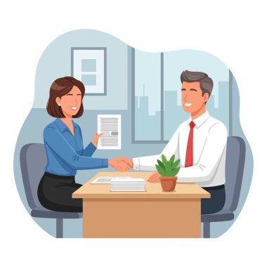 Successful business partners shaking hands in modern office after deal