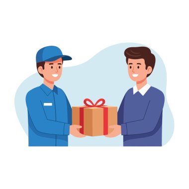 Smiling delivery man handing package to happy customer for easy gifting