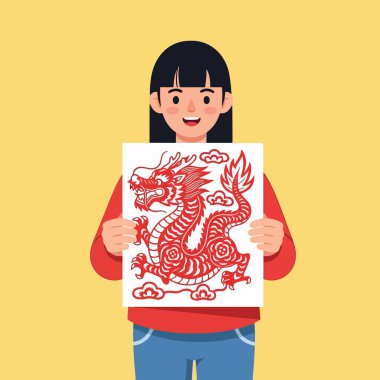 Happy girl shows beautiful traditional Chinese dragon paper cutting art