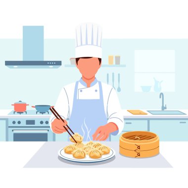 Professional chef preparing delicious dim sum in a bright kitchen setting