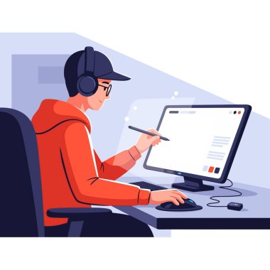 Talented designer creating digital artwork using pen and computer setup