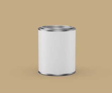 Blank white metal can mockup on a beige background, perfect for product design. 3d illustration