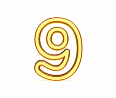 Golden outlined 3D number 9 nine glowing on a clean white background. 3D illustration