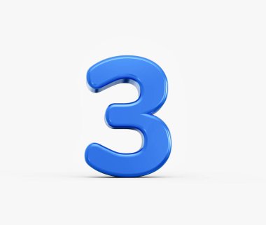 Vibrant blue 3D number three with glossy finish on clean white background. 3d illustration