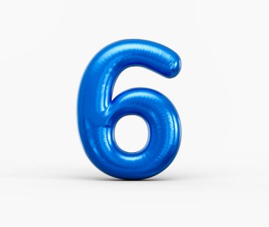 Vibrant blue metallic 3D number six, shiny balloon-like digit on white background. 3d illustration
