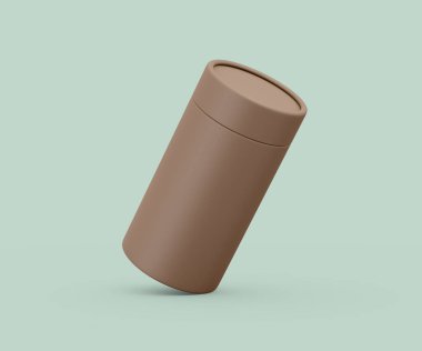 Minimalist brown paper tube packaging mock up on a clean light green background. 3d illustration