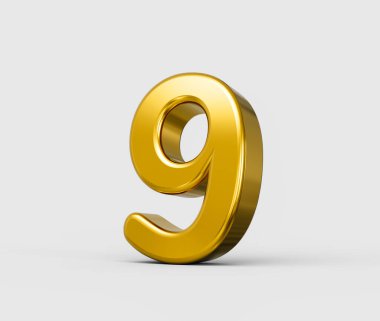 Tarafsız bir arkaplanda altın metalik üç boyutlu dokuz haneli sayı, birinci sınıf. 3d illüstrasyon