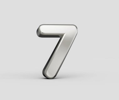 Parlak 3D gümüş metalik, 7 numara, modern ve yansıtıcı, açık gri, 3D illüstrasyon