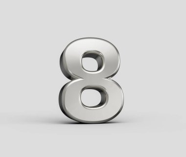 Minimalist ışık arka planında sekiz numaralı parlak metalik gümüş. 3B illüstrasyon