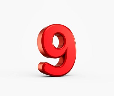 Pırıl pırıl parlayan beyaz arka planı olan canlı kırmızı 3 boyutlu 9 haneli bir rakam. 3d illüstrasyon