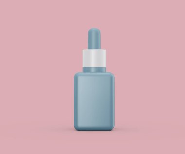 Güzellik ürünleri için yumuşak pembe arka planda minimalist mavi serum düşürücü şişesi. 3d illüstrasyon