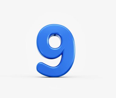 Beyaz arka planda canlı mavi 3D 9 numara, parlak dijital görüntü. 3d illüstrasyon