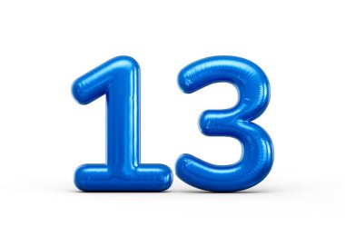 Parlak yüzeyi ve pürüzsüz şişmiş kıvrımları olan 13 numaralı parlak mavi balon. 3d illüstrasyon