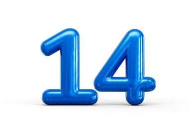 Parlak yüzeyi ve pürüzsüz şişmiş kıvrımları olan 14 numaralı parlak mavi balon. 3d illüstrasyon
