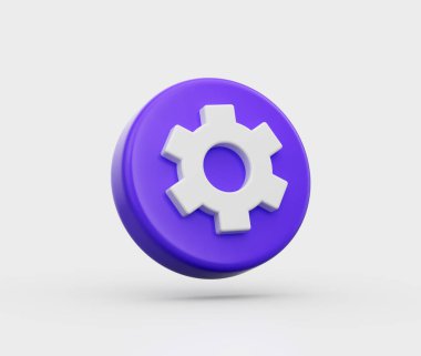 Mor bir çemberde 3 boyutlu dişli ayarları simgesi. Modern yapılandırma sembolü. 3B illüstrasyon