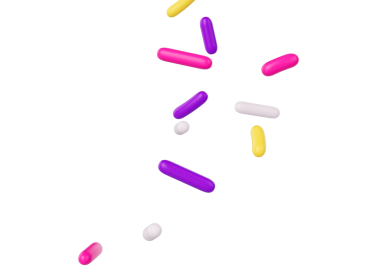 Parlak ve renkli şekerler serpiştirilmiş ve havada yüzüyor, üç boyutlu bir resim.